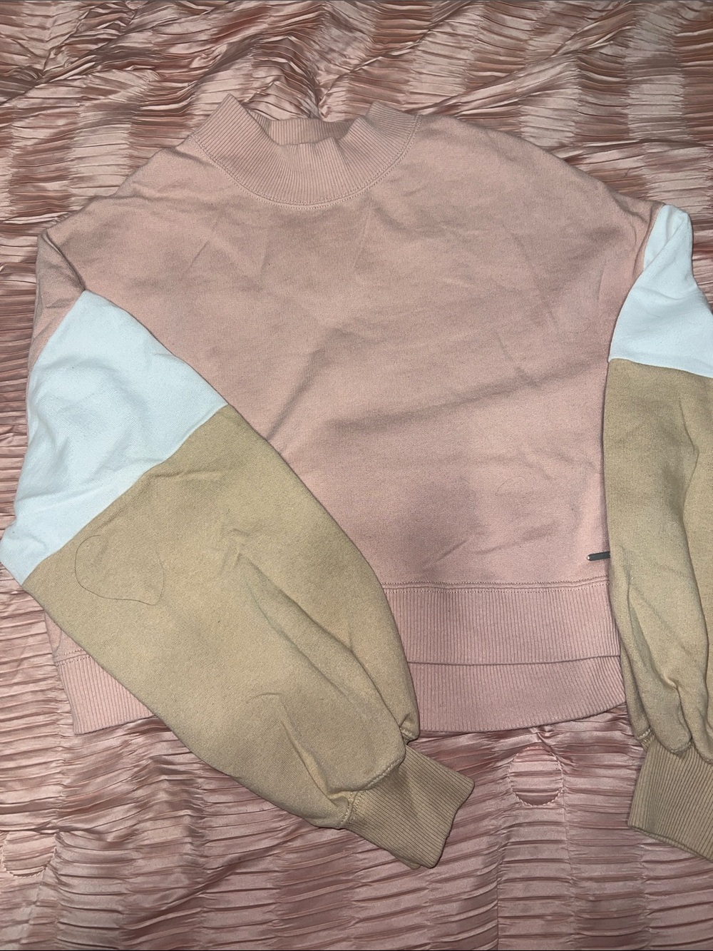 Hollister Pink Mock Neck Colorblock Sweater with Tan & White Sleeves